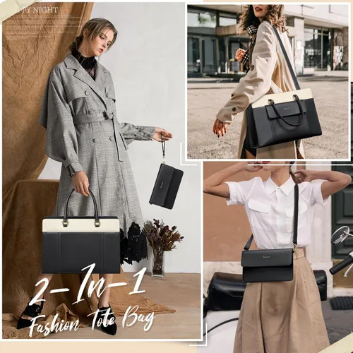 Miniatura 2 de RAINSMORE Bolsa de cuero para laptop de 15.6 pulgadas para mujer, bolsa de mano grande para computadora, impermeable, para negocios, oficina