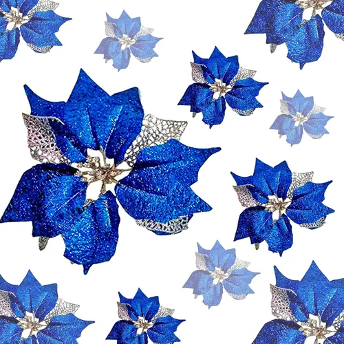 Adornos para árbol de Navidad de flor de pascua azul real con purpurina grande de 9 pulgadas, decoración de flores artificiales para boda, paquete