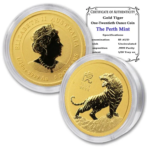2022 P 1/20 oz Moneda de oro australiana de la serie lunar III año del tigre brillante sin circular (BU) en cápsula con certificado de autenticidad