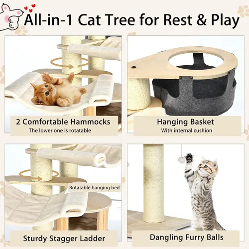 Miniatura 4 de Tangkula Árbol grande para gatos, torre alta de varios niveles para gatos con postes rascadores de sisal, hamacas, cesta colgante, condominio