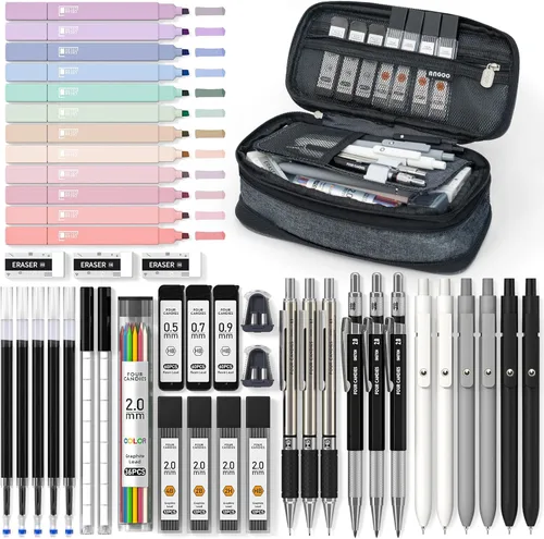 Miniatura 8 de Four Candies 39 piezas de suministros escolares estéticos con bonito estuche para bolígrafos, 12 resaltadores pastel, 5 bolígrafos de gel de tinta