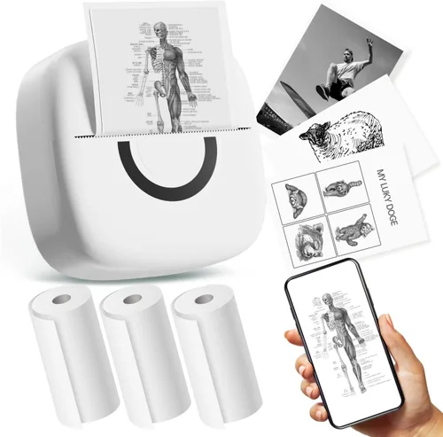 Miniatura 8 de Mini impresora térmica con 3 rollos de papel, cápsulas de impresión de teléfono portátil Bluetooth, fabricante de calcomanías de estudio para fotos