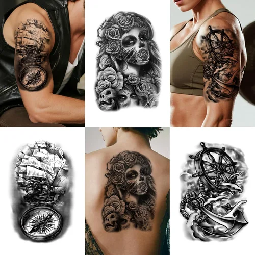 Miniatura 6 de 36 hojas de tatuajes temporales para hombres, mujeres y adultos, 12 hojas de gran tamaño, 3D, media manga, tatuajes falsos negros, tatuajes