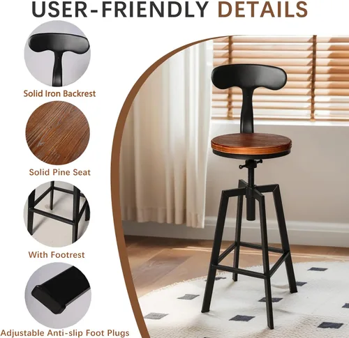 Miniatura 4 de Juego de 2 taburetes de bar industriales con respaldo, asiento giratorio de madera, altura ajustable, 25-32 pulgadas, taburete de isla de cocina