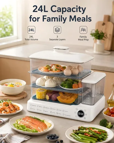 Miniatura 2 de Vaporizador eléctrico de alimentos de 24 litros, vaporizador digital de 3 niveles con inicio de retraso de 24 horas, mantiene el calor, tanque