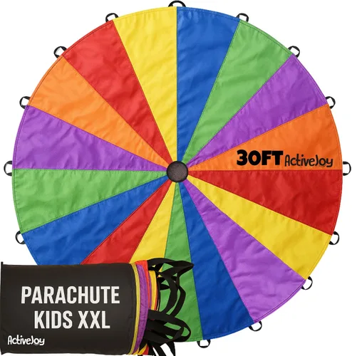 Miniatura 10 de Activejoy - Paracaídas para niños - 8 pies/12 pies/20 pies / 24 pies - Juguete de paracaídas arcoíris con asas - Ideal para clases de gimnasio, día