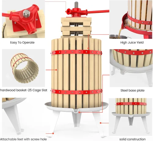 Miniatura 5 de Prensa de frutas y vino de 4.75 galones, máquina manual de jugo de sidra con cesta de madera de haya maciza y soporte resistente para manzanas, Rojo