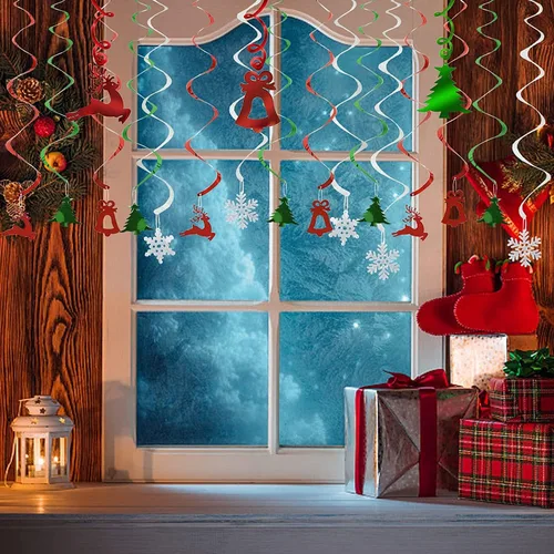 Miniatura 7 de Decoraciones de fiesta de Navidad, remolinos colgantes de techo (30 piezas totalmente montadas), campanas de reno, árbol de Navidad, remolinos