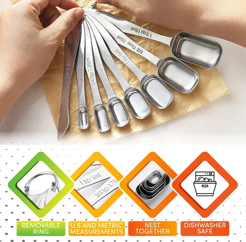 Miniatura 6 de Spring Chef Juego de 8 cucharas medidoras de acero inoxidable con nivelador, cucharadita de metal y cucharadas medidoras para ingredientes secos