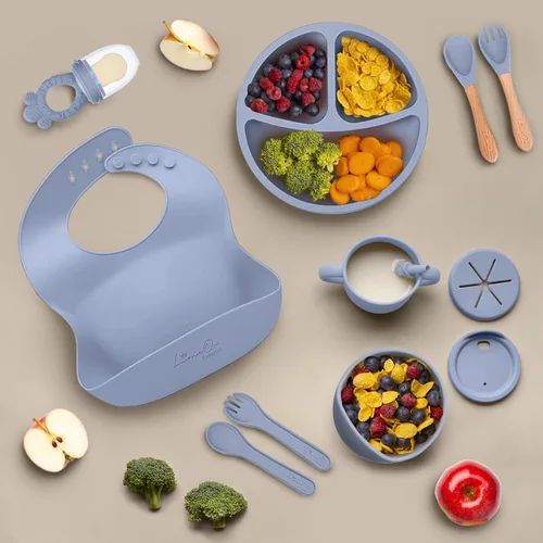 Miniatura 9 de Juego de alimentación de silicona para bebés, 10 suministros de destete LED para bebés, platos para bebés sin BPA con platos y cuencos para niños