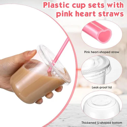 Miniatura 4 de Ziliny Juego de 25 vasos de plástico transparente con pajitas y tapas en forma de corazón, tazas desechables para café helado, bebidas frías, día