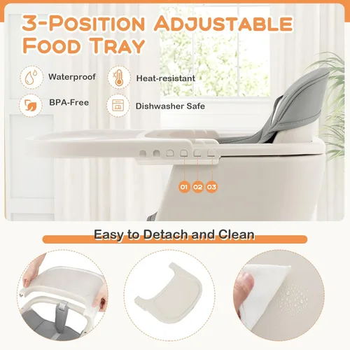 Miniatura 3 de BABY JOY Trona convertible para bebé, 3 en 1, silla alta/elevado/asiento de madera con bandeja extraíble, patas ajustables, arnés de 5 puntos, cojín
