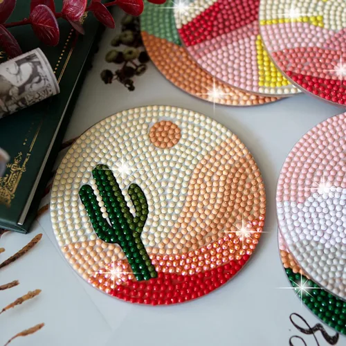 Miniatura 6 de Temlum 6 Piezas de Posavasos de Pintura de Diamantes con Soporte, Posavasos de Arte de Diamante de Paisaje Abstracto, Kits Pequeños de Pintura