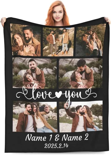 Miniatura 10 de HUGLAZY Manta de franela personalizada con fotos y nombre para regalo del día de San Valentín para novio, novia, esposo y esposa