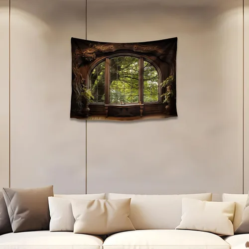 Miniatura 10 de QGHOT Tapiz de bosque brumoso, tapiz de montaña natural para colgar en la pared, paisaje de acuarela verde salvia, arte de pared para dormitorio