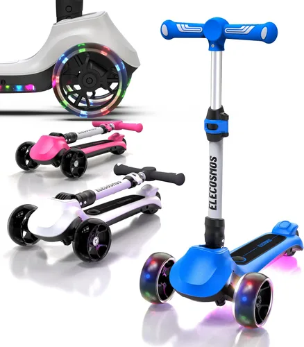ELECOSMOS Patinete eléctrico para niños de 4 a 9 años, scooter de 3 ruedas con luces LED grandes, plataforma intermitente ancha, altura ajustable