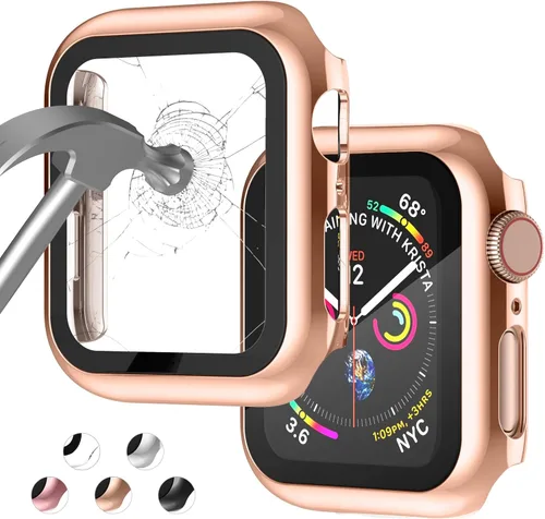 Funda compatible con Apple Watch de 1 1⁄2 pulgadas (38 mm), Series 3/2/1, con protector de pantalla de vidrio templado incorporado, carcasa Oro rosa