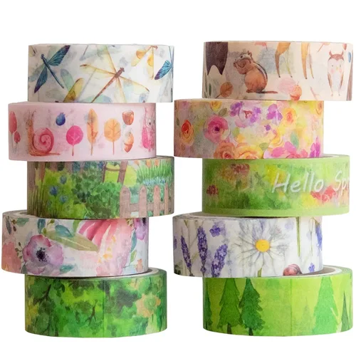 YUBBAEX 10 Rollos Juego de Cinta Washi de Cuatro Estaciones Hierba Verde y Flores Cintas Decorativas de Enmascarar (Primavera)