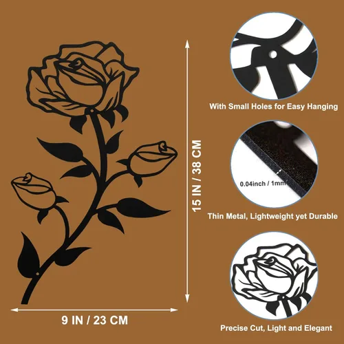Miniatura 2 de ESTART Decoración de pared de rosas de metal negro para baño, 15 pulgadas de alto, bonito arte de pared floral de metal para el día de San Valentín