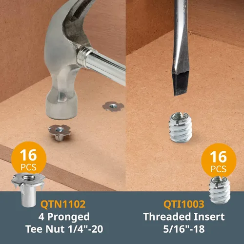 Miniatura 3 de POWERTEC 71128 Juego de 128 piezas de perillas en T, pernos roscados y arandelas de 5/16"-18, pernos de riel en T, accesorios de riel en T