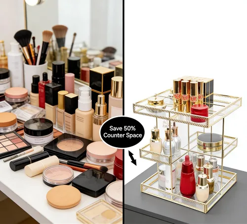 Miniatura 4 de Organizador de cosméticos de vidrio dorado de 3 niveles con rotación de 360 grados, bandeja de perfume giratoria de alta calidad, exhibición