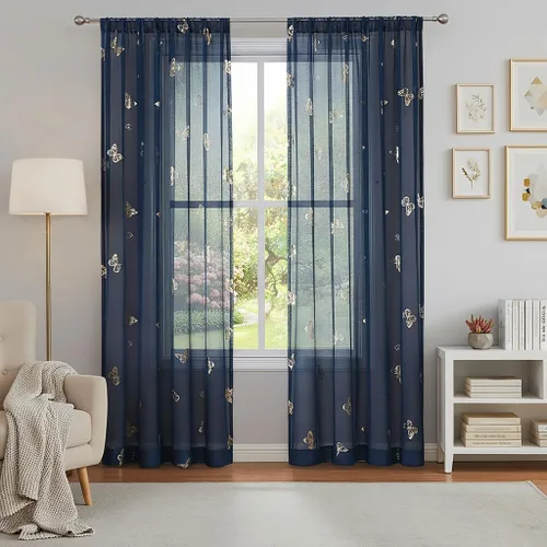 Miniatura 19 de Jubilantex Paneles de cortinas transparentes de mariposas negras y doradas de 52 pulgadas de ancho para dormitorio de niñas, elegantes cortinas