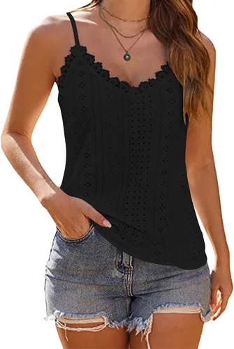 LYANER Camiseta sin mangas sexy con cuello en V para mujer, tirantes delgados, bordado, con ojales, sin mangas, encaje