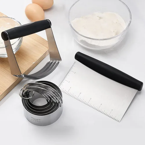 Miniatura 6 de HULISEN Juego de cortador de galletas de acero inoxidable, raspador de pastelería y licuadora de masa, resistente y duradero con agarre de goma