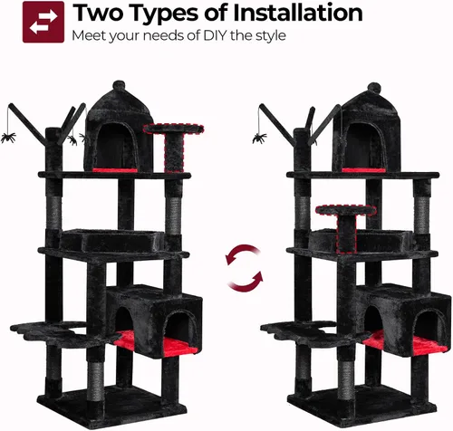 Miniatura 7 de BEWISHOME Árbol para gatos resistente, 63 pulgadas, árboles para gatos grandes, torre gótica para gatos con cama de ataúd, casas para gatos