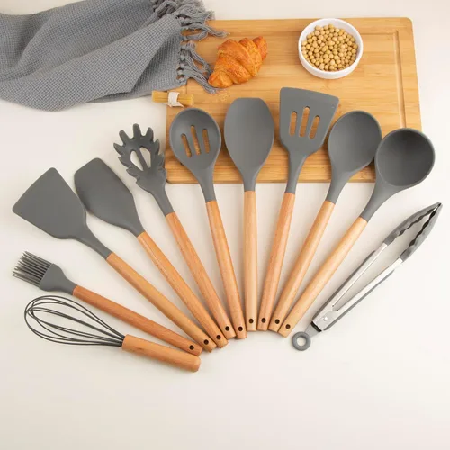 Miniatura 6 de Juego de utensilios de cocina de silicona, juego de utensilios de cocina con mango de madera de haya de alta calidad, antiadherentes, espátula