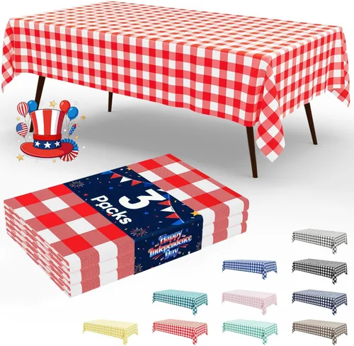 Miniatura 31 de Smiry Paquete de 3 Manteles Desechables de Cuadros Gingham Color Caqui - 54" x 72" Mantel de Plástico de Servicio Pesado, Cubiertas de Mesa