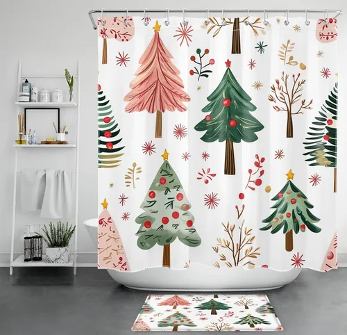 Miniatura 12 de LB Cortina de ducha de árbol de Navidad para baño, cortina de ducha abstracta de tela de pino nevado rosa y verde con ganchos, juego de cortina
