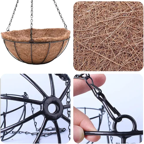 Miniatura 8 de EIMQUVW Juego de 3 macetas colgantes de metal, cadena de 12 pulgadas, soporte redondo de alambre para plantas con forro de fibra de coco y fibra