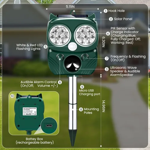 Miniatura 6 de Repelente de gatos al aire libre solar ultrasónico repelente de animales al aire libre dispositivos disuasorios de mapache IP66 impermeable ratón