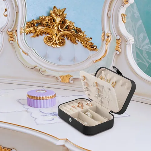 Miniatura 7 de Oyydecor Joyero portátil pequeño de 2 capas organizador de joyas de viaje de piel sintética para anillos collares aretes pulseras regalo de San