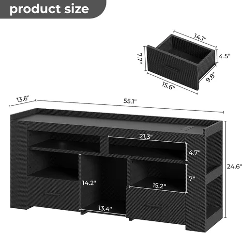 Miniatura 3 de IRONCK Soporte de TV para TV de 65 pulgadas, centro de entretenimiento de fibra de carbono con 2 cajones, estación de carga y luz LED RGB, consola