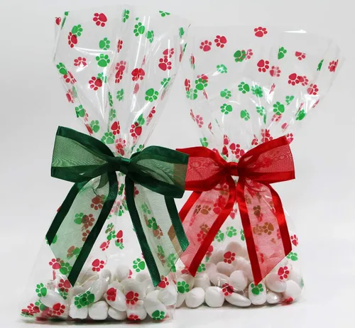 Miniatura 6 de Saybrook Products Bastones de caramelo de celofán de Navidad con lazo de organza con lazo de organza Twist-Tie Juego de 10 bolsas reforzadas de 11 x