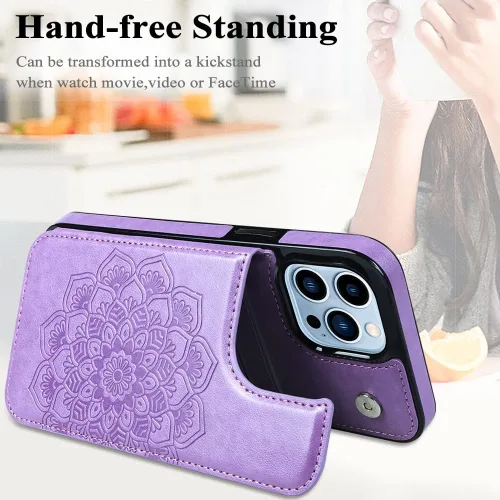 Miniatura 5 de MMHUO Funda protectora para iPhone 15 Pro Max con tarjetero y botones magnéticos de flores para mujer, color morado Púrpura