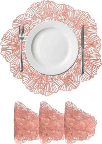 Miniatura 8 de uxcell Juego de 4 manteles individuales redondos de flores rojas para mesas de cena, manteles individuales metálicos de polivinilo prensado