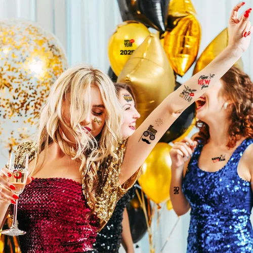 Miniatura 3 de 65 piezas de suministros para fiesta de Año Nuevo, 12 hojas de calcomanías de tatuajes temporales, decoraciones de feliz año nuevo, decoración NYE