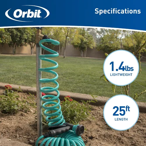 Miniatura 5 de Orbit 26381 Manguera de jardín con espiral, 25 pies, con boquilla de manguera de 8 patrones (azul)
