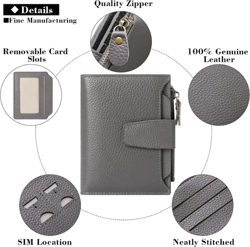 Miniatura 5 de FALAN MULE Cartera pequeña para mujer, de piel auténtica, plegable, compacta, con bloqueo RFID, pequeña cartera para mujer, Gris-oscuro, Casual