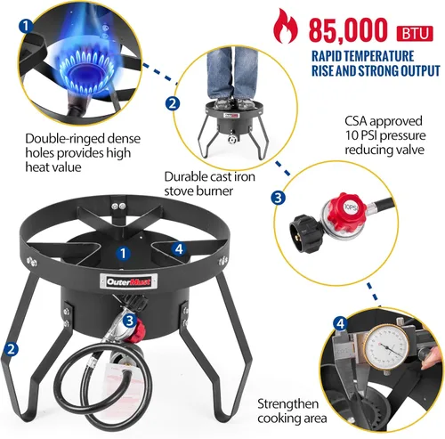 Miniatura 3 de OuterMust Quemador de propano para estufa de gas con regulador y agujeros trenzados de hierro fundido (individual) para cocinar al aire libre