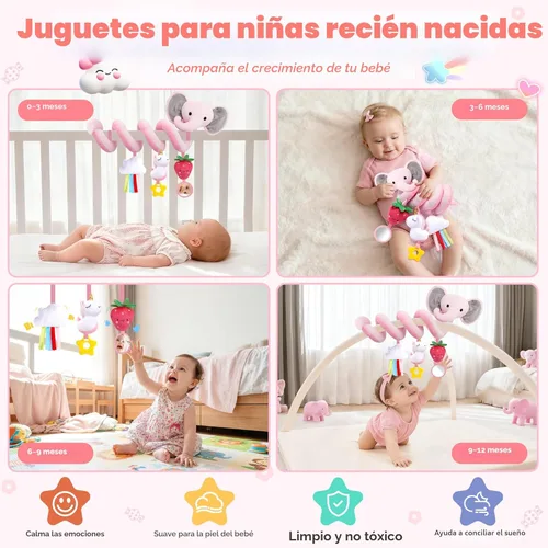 Miniatura 3 de Juguetes de asiento de coche en espiral para bebés niñas de 0 a 6 meses, lindo elefante rosa fresa, regalo perfecto para recién nacidos, artículos