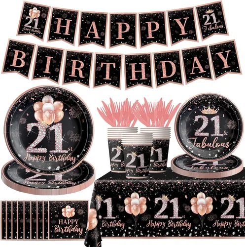 142 piezas de decoración de vajilla de cumpleaños número 21 para mujeres y niñas, suministros de fiesta de cumpleaños de 21 años de color oro rosa