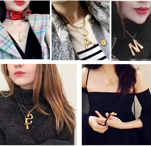 Miniatura 2 de FOCALOOK Collar de bambú chapado en oro de 18 quilates con dije de nombre inicial para mujer, collar grande con dije de letra de bambú