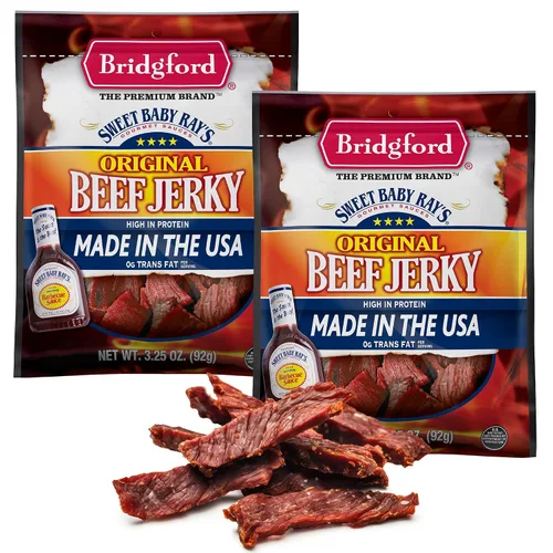 Miniatura 22 de Bridgford Sweet Baby Ray's Beef Jerky Honey BBQ de 3.25 onzas, paquete de 2 – Cecina alta en proteínas para impulso de energía del mediodía