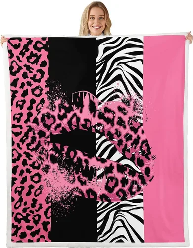 Manfei Manta con estampado de labios rosas y cebra para sofá, manta de cama con estampado animal para niños y niñas, decoración de habitación de