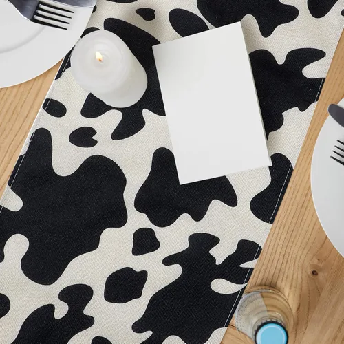 Miniatura 5 de Kingdder 2 piezas de camino de mesa de lino con estampado de vaca, mantel de cuero de vaca blanco y negro para fiestas, cocina, granero occidental