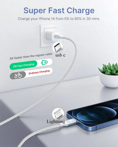 Miniatura 4 de Cable USB C a Lightning, paquete de 2 cables de carga de 10 pies, cable de carga trenzado extra largo para iPhone 14 13 12 11Pro Max Mini XS XR X 8